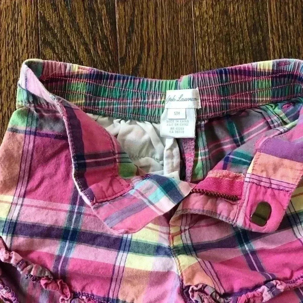 Ralph Lauren Girls 12M Pink/Blue Plaid Ruffled Hem Shorts - VGUC - Picture 4 of 8